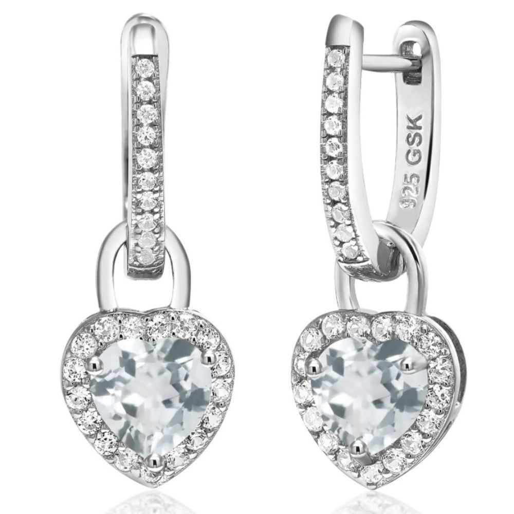 925 Sterling Silver 1.84 Cttw Light Aquamarine and White Sapphire Heart Earrings